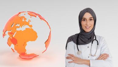 woman in headscarf beside globe