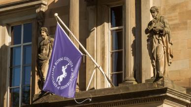 college purple flag on building