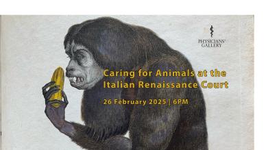 Poster for the lecture 'Caring for Animals at the Italian Renaissance Court’, with an illustration of a Humboldt Bearded Saki holding a small yellow banana. 