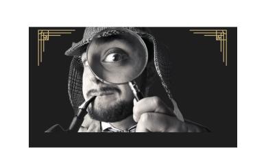 Poster for 'Who Dunit?' A man looks at the camera through a magnifying lens. 