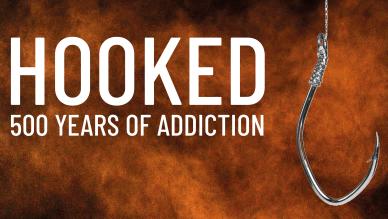 Promotional image for Hooked: 500 Years of Addiction. Dark orange smoke hangs in the air behind a shiny, silver hook.