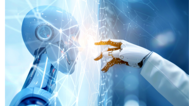 A robot hand reaches out to towards the face of a black and white android's face