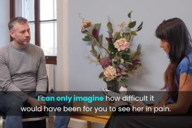Interview with captions that read "I can only image how hard it was for you to see her in pain"