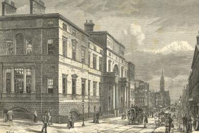Black and white illustration of the exterior of the University of Edinburgh