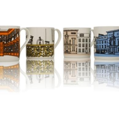 Photo of Set of 4 College china mugs, showing different aspects of the College buildings