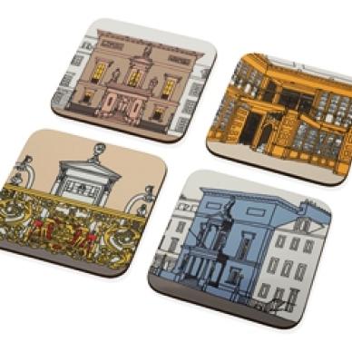 Photo of Set of 4 originally drawn coasters showing different aspects of Colleges building