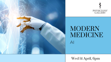 Promotional image. Text reads: Modern medicine AI, Wed 14 April 6pm