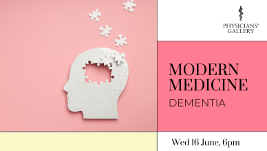 Promotional image. Text reads: modern medicine dementia, Wed 16 June 6pm
