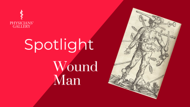 Promotional image showing printed illustration of a wound man, a man naked except for a loincloth with knives and arrows sticking out of his body