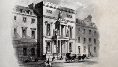 Black and white illustration of exterior of Queen Street College building