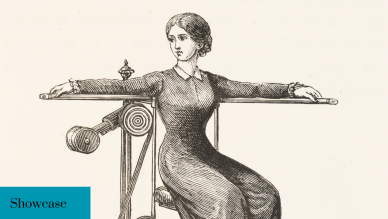 Promotional image. Text reads: Showcase. Image shows a Victorian woman seated in an exercise machine with her arms outstretched