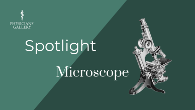 A line drawing of an 1800s microscope on a green background 